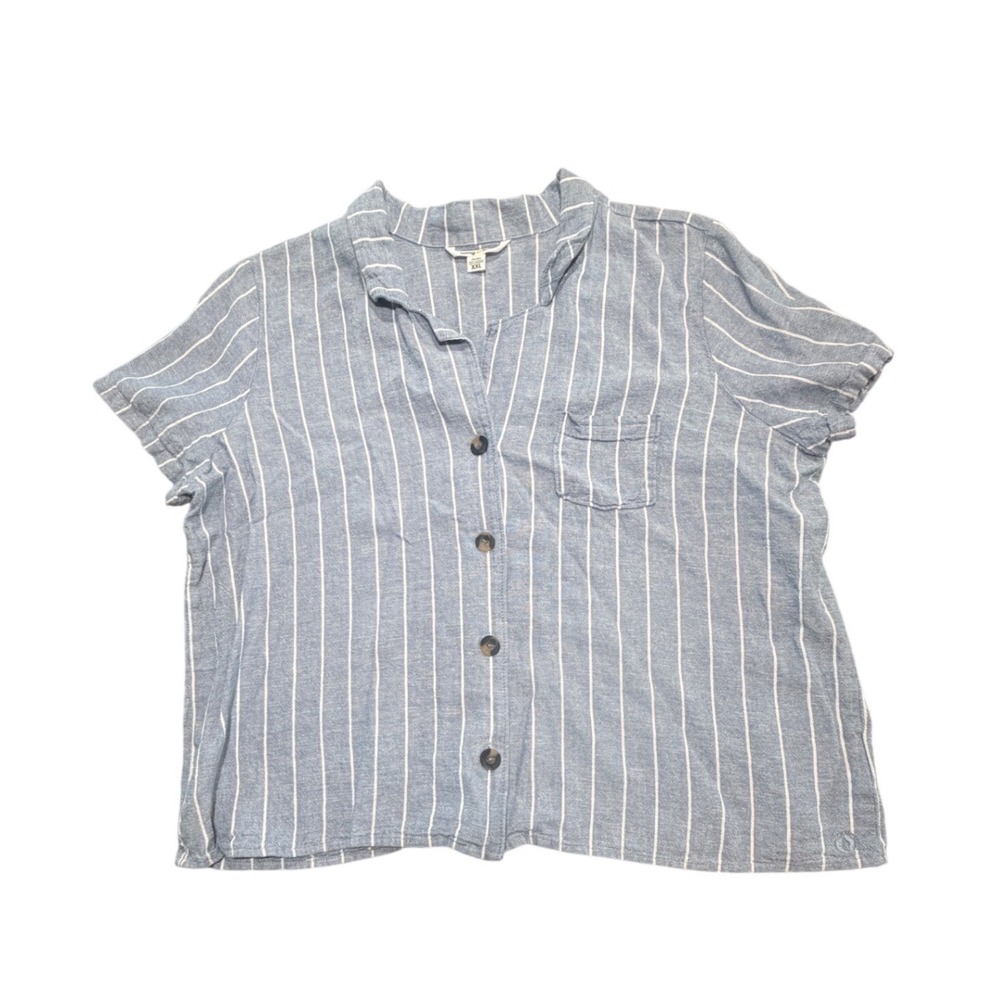 Hang Ten Striped Button Up Top Womens XXL Blue White Linen Blend Coastal Indie